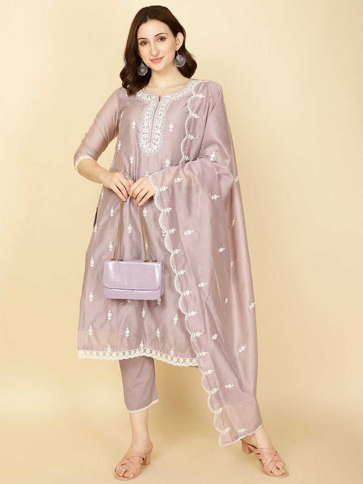 Floral Embroidery Chanderi Kurta With Pants &amp; Dupatta