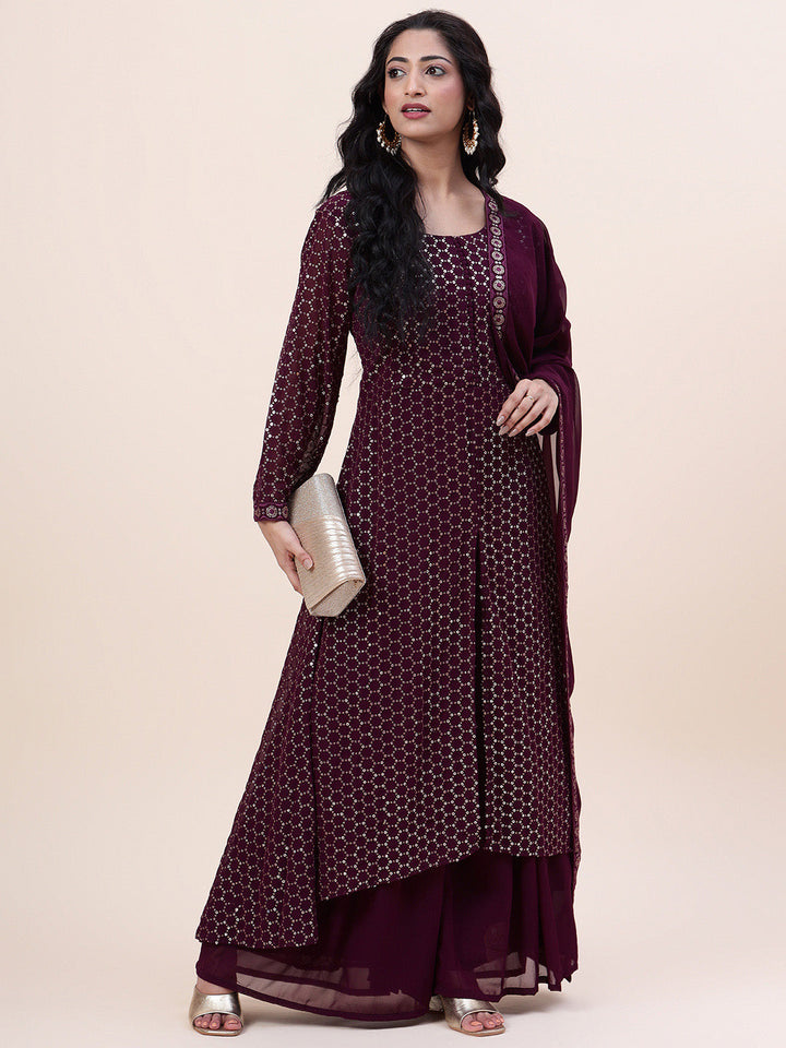 Sequin Embroidered Georgette Kurta With Palazzo &amp; Dupatta