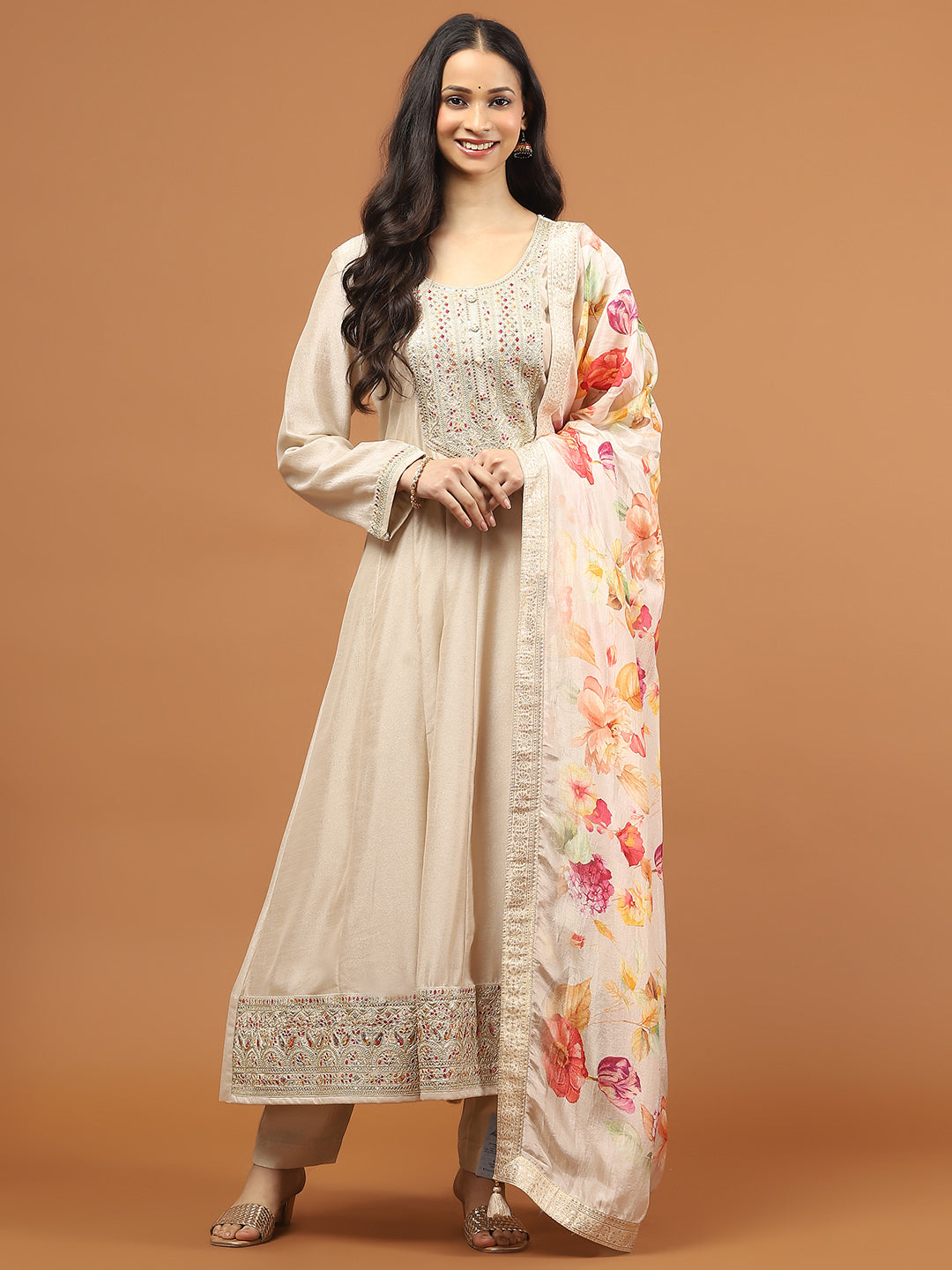 Zari Embroidery Art Silk Kurta With Pants &amp; Dupatta