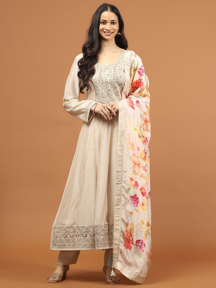 Zari Embroidery Art Silk Kurta With Pants &amp; Dupatta