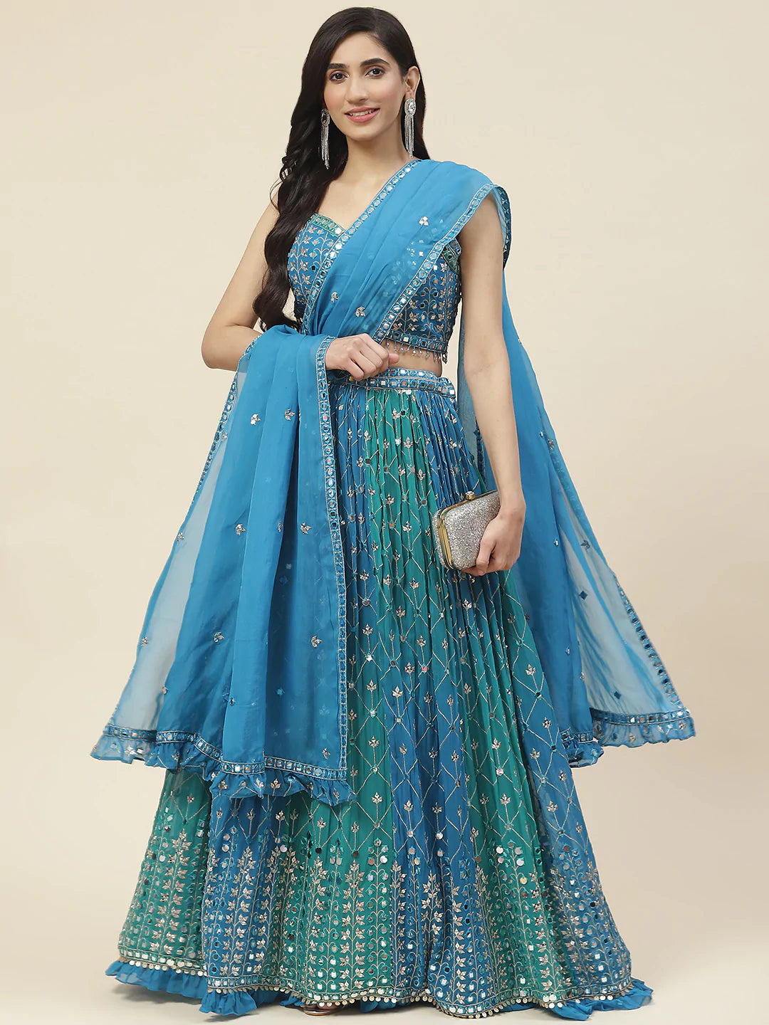 Resham Mirror Booti Georgette Choli With Lehenga &amp; Dupatta