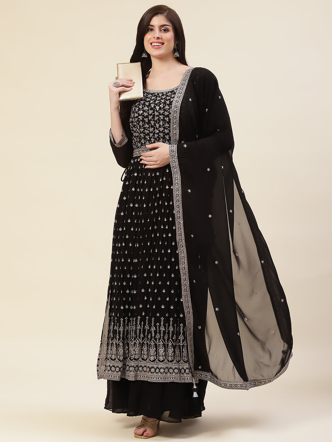Zari Embroidered Georgette Kurta With Pants & Dupatta