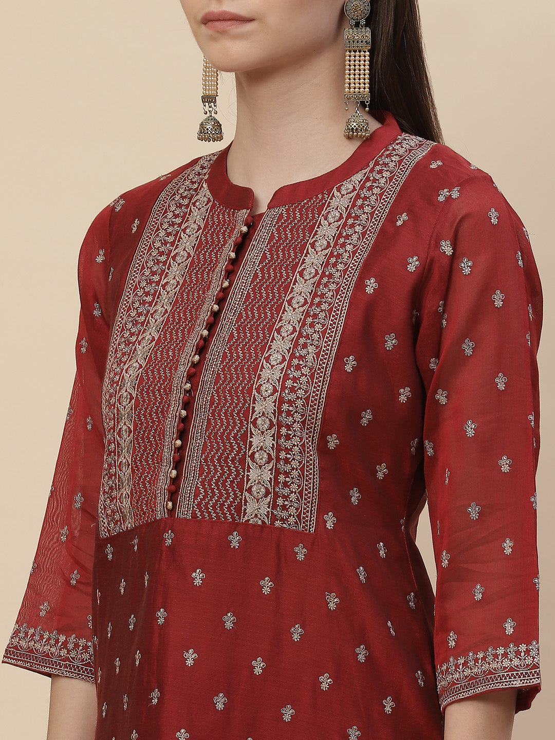 Resham Booti Cotton Kurta With Pants &amp; Dupatta