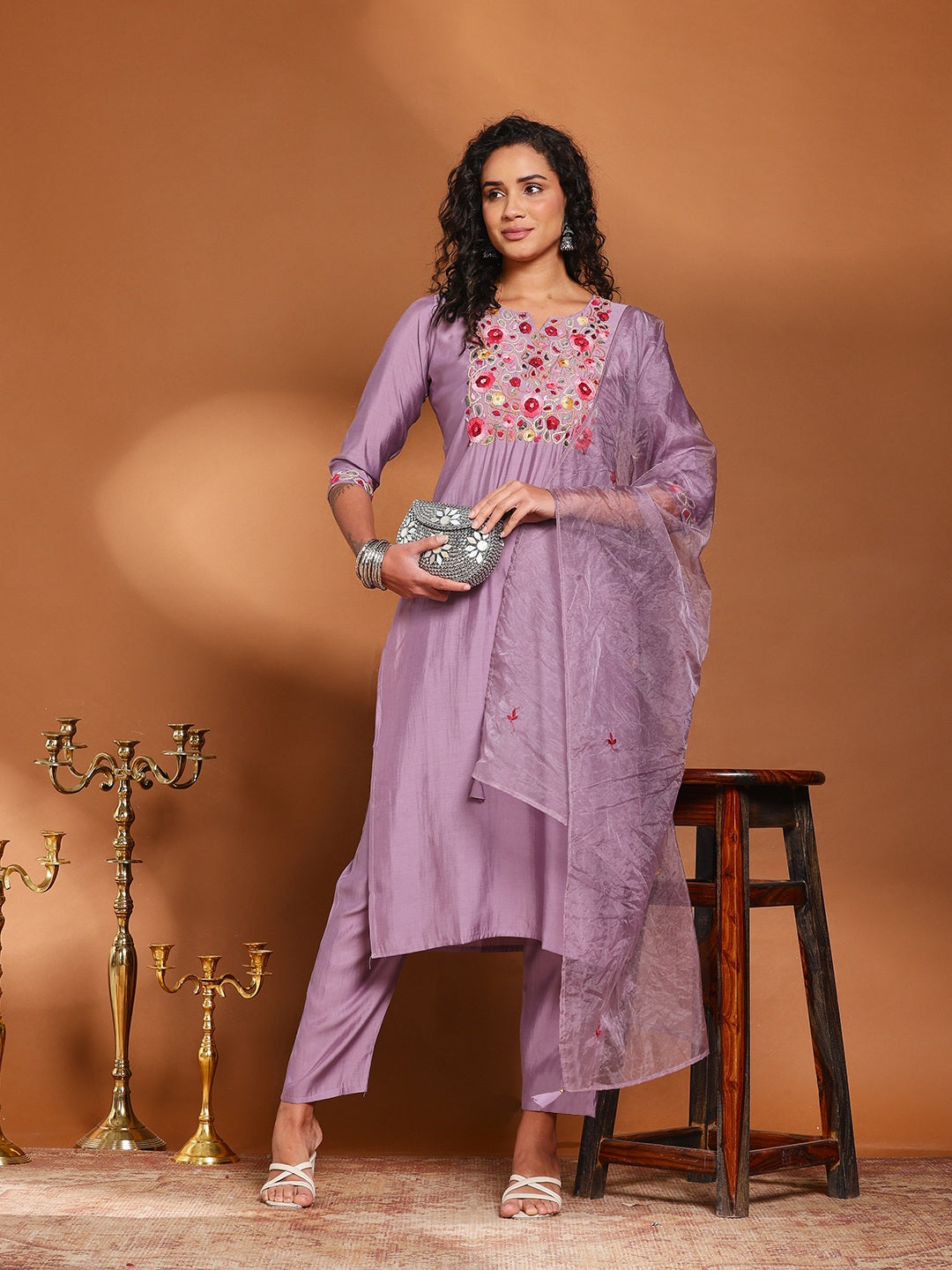 Lavender Cotton Blend Embroidered A Line Suit Set