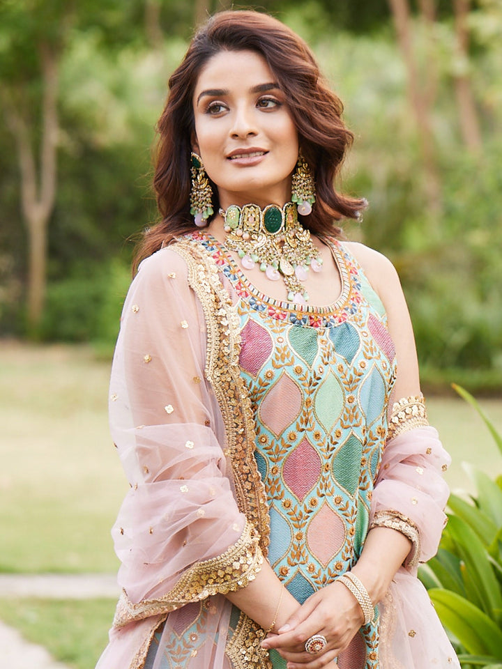 Resham Ghera Embroidered Georgette Kurti With Garara &amp; Dupatta