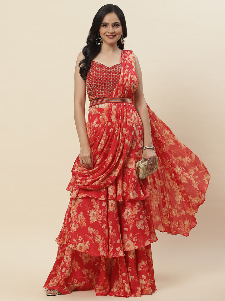 Floral Printed Crepe Choli With Skirt &amp; Dupatta