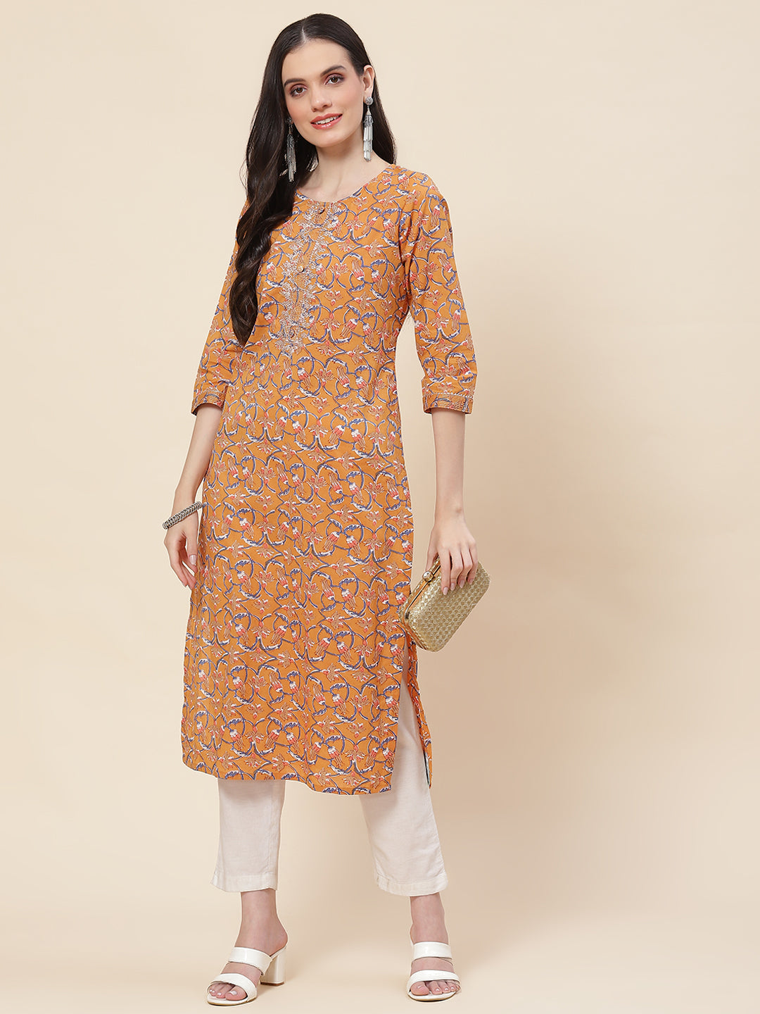 Printed &amp; Neck Embroidered Cotton Kurta