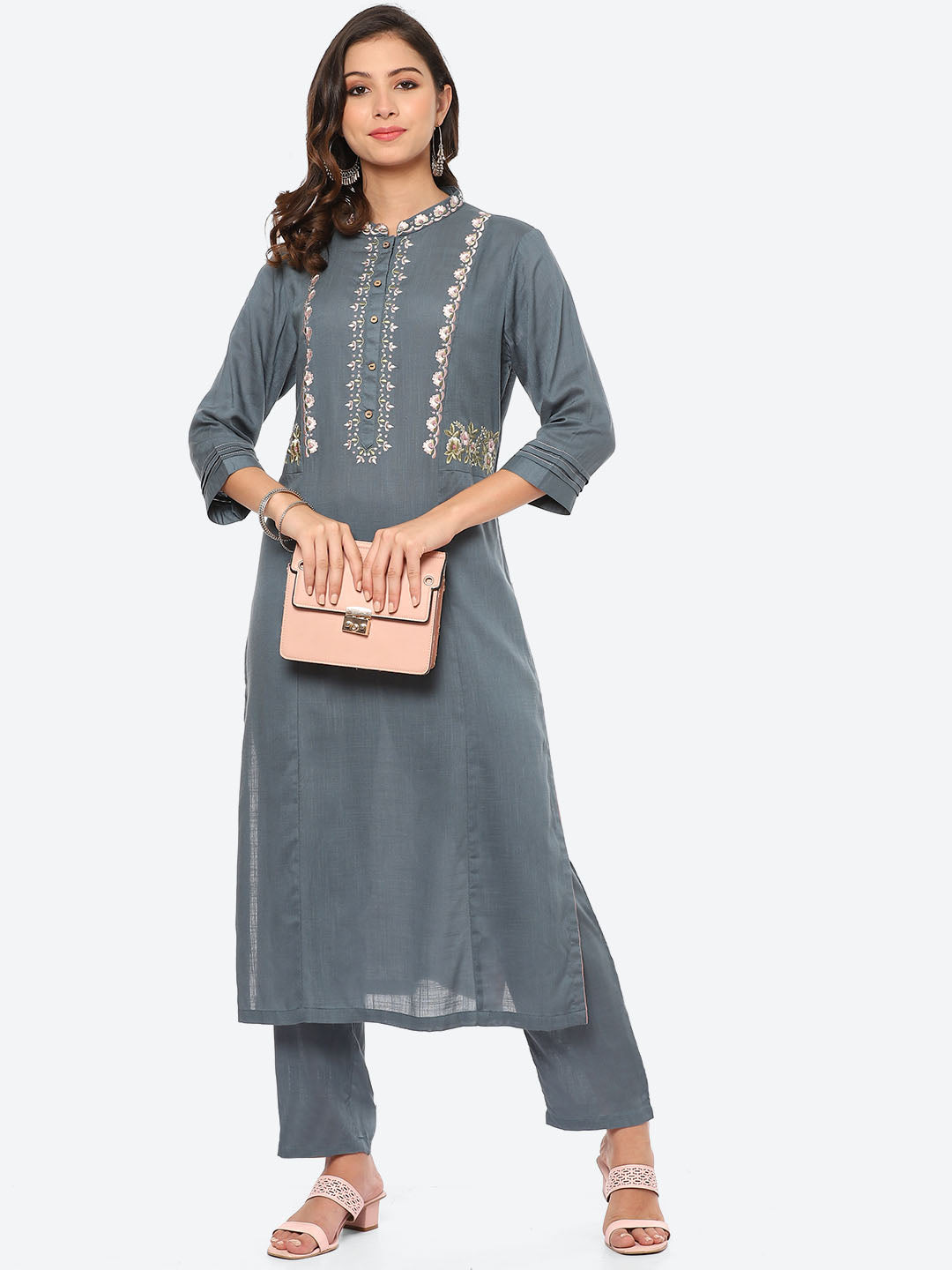 Resham Neck Embroidered Cotton Kurta With Pant