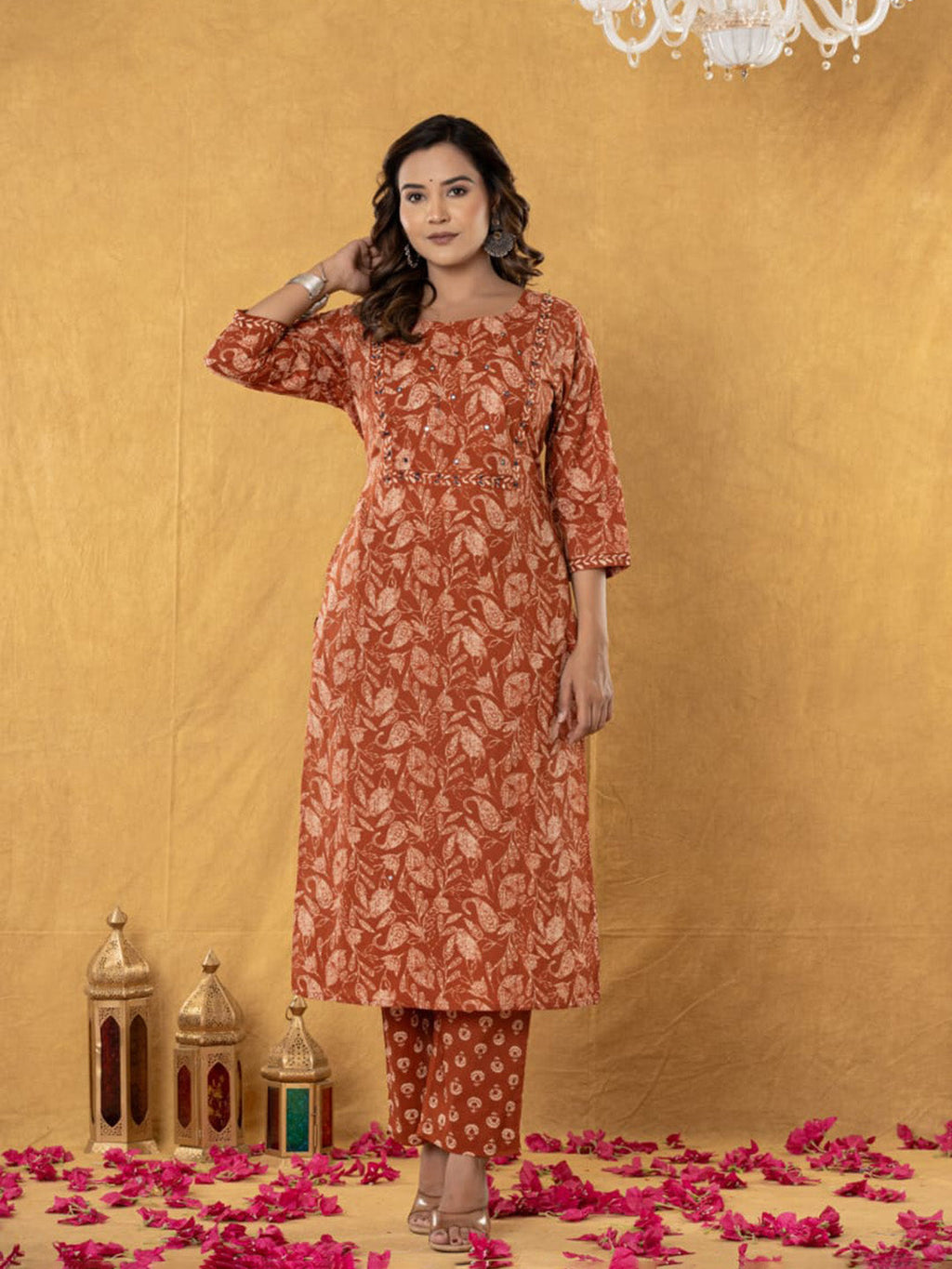 Orange Embroidered Cotton Blend Straight Suit Set With Dupatta