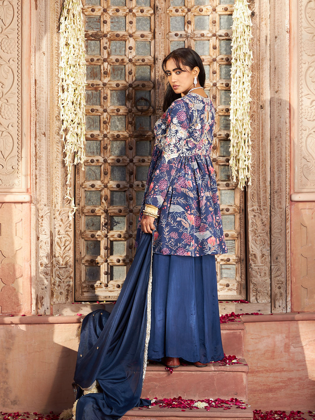 Blue Embroidered Chinon Kurta with Palazzo