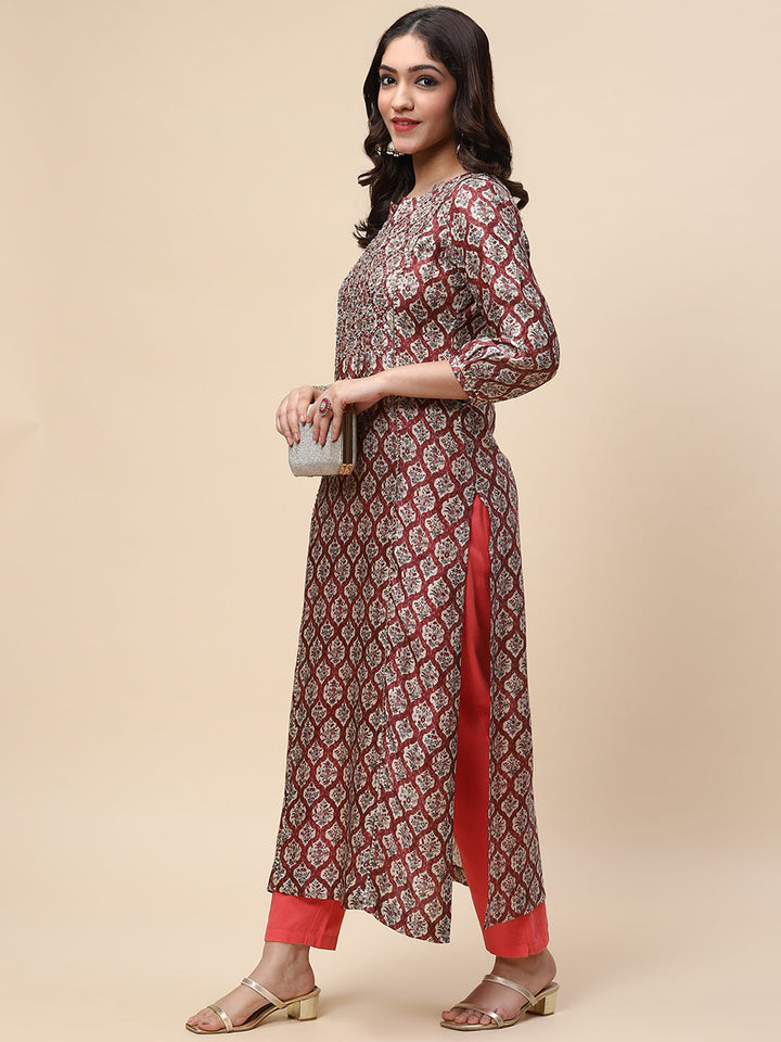 Zari Neck Embroidered &amp; Printed Satin Kurta