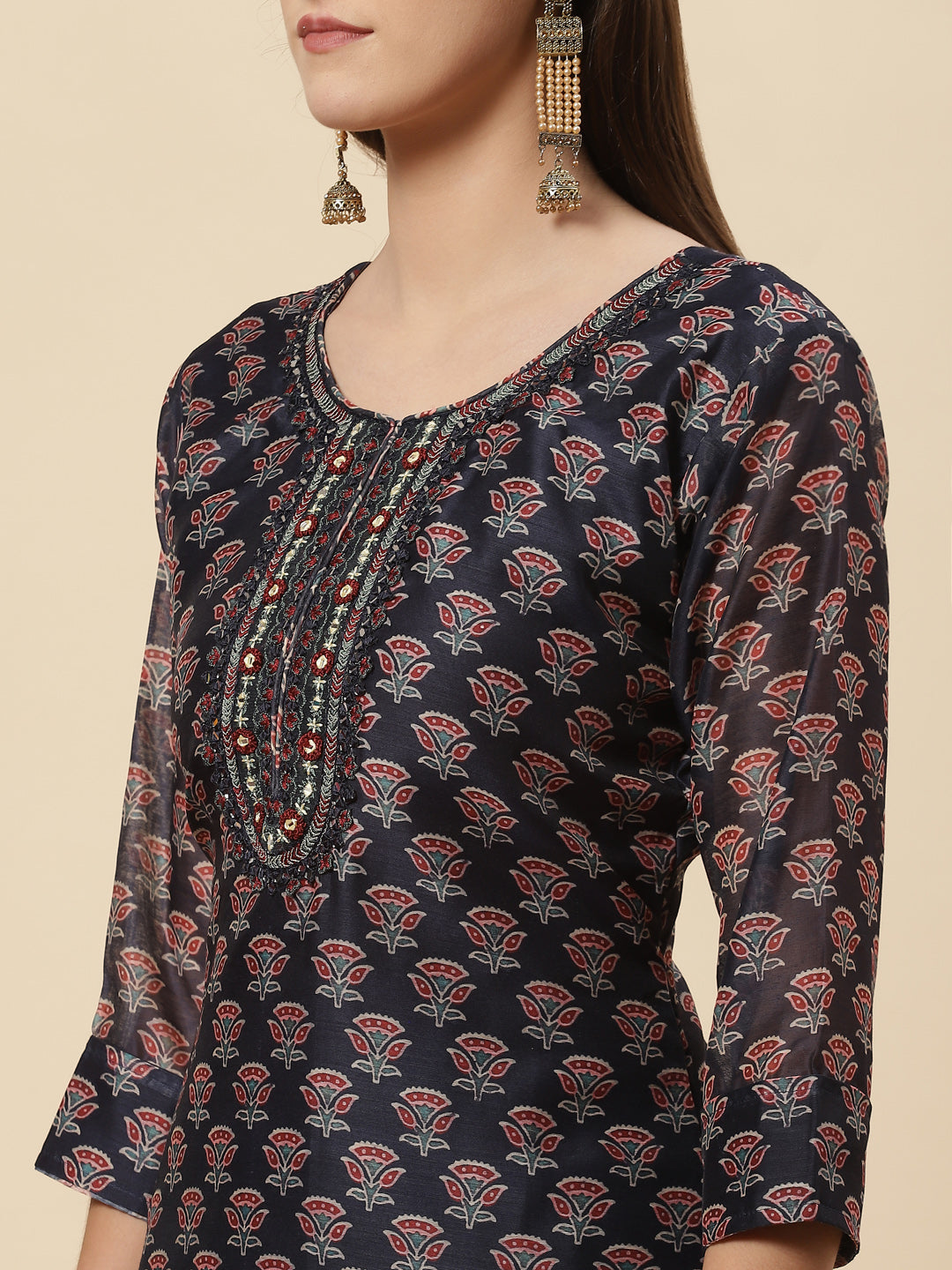 Printed Chanderi Kurta With Pants &amp; Dupatta