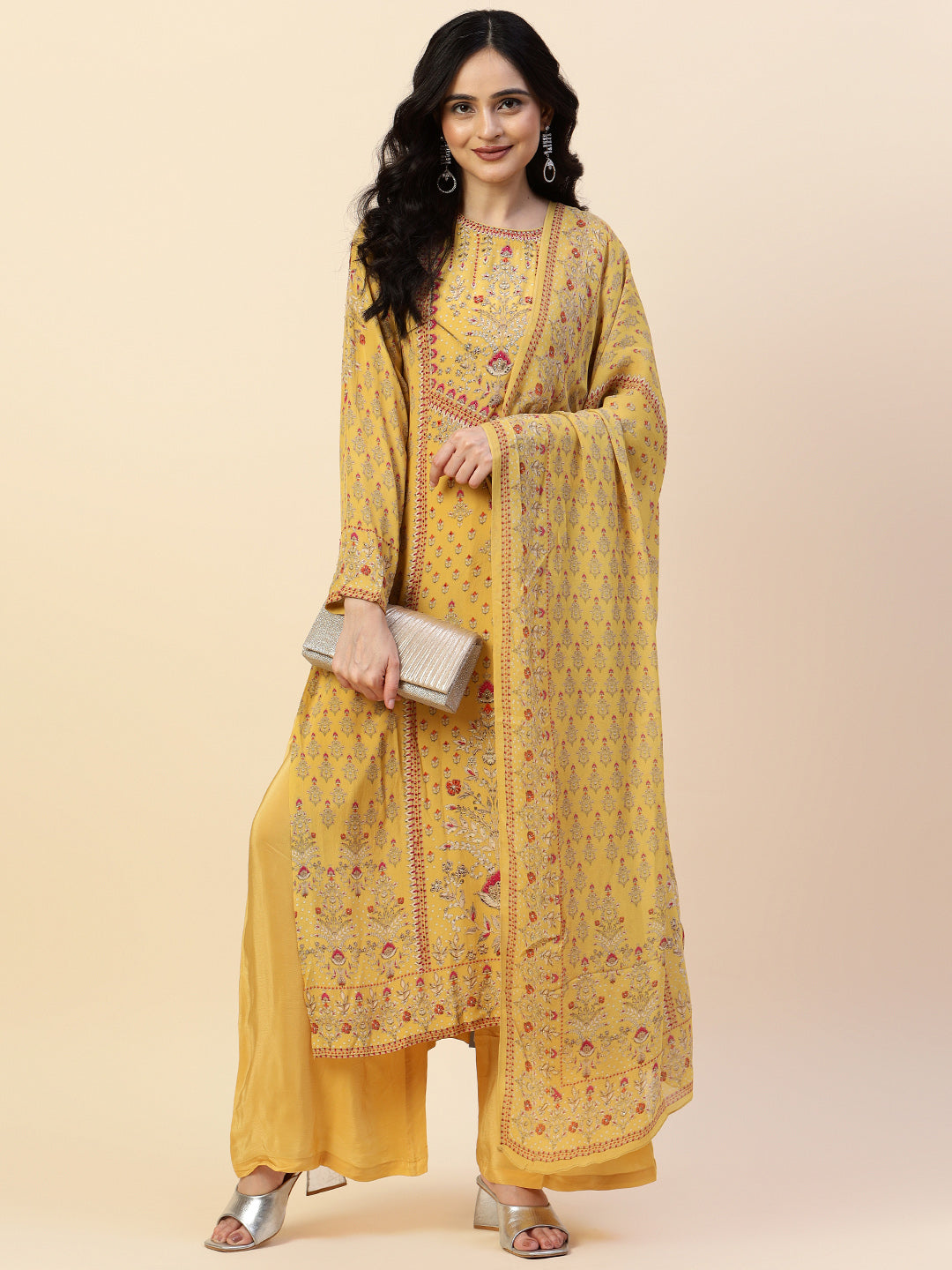 Digital Printed Crepe Kurta With Palazzo &amp; Dupatta