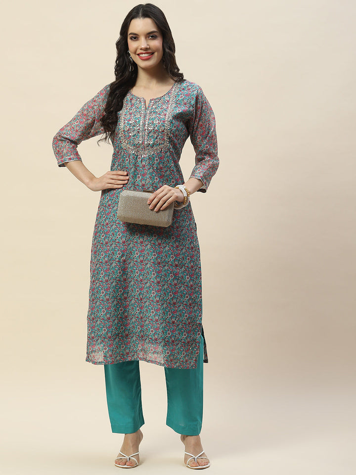 Printed Gota Work Chanderi Kurta With Pants
