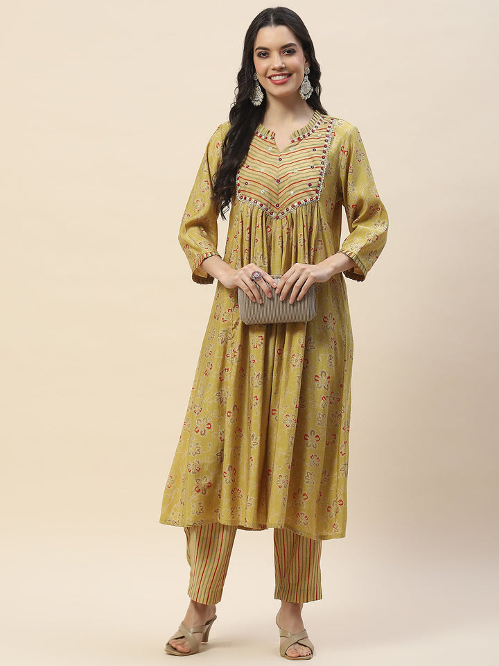 Yoke Embroidery Cotton Kurta With Pants