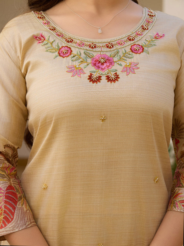 Embroidered Cotton Blend Kurta With Pants &amp; Dupatta