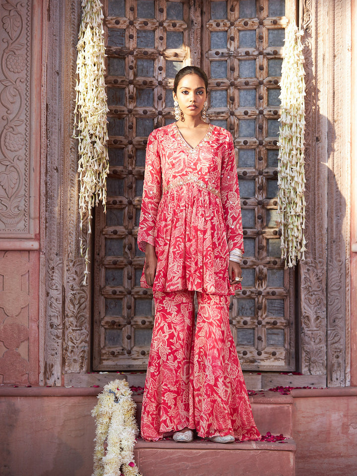 Pink Embroidered Chinon Kurta with Palazzo