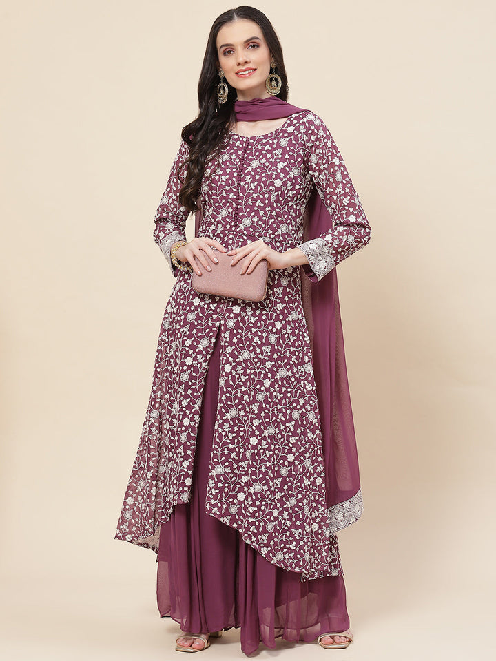Embroidered Georgette Kurta With Palazzo &amp; Dupatta