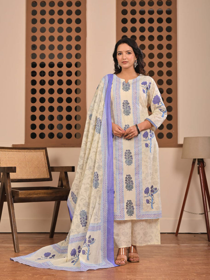 Cream Blue Cotton Blend Printed Straight Suit Set
