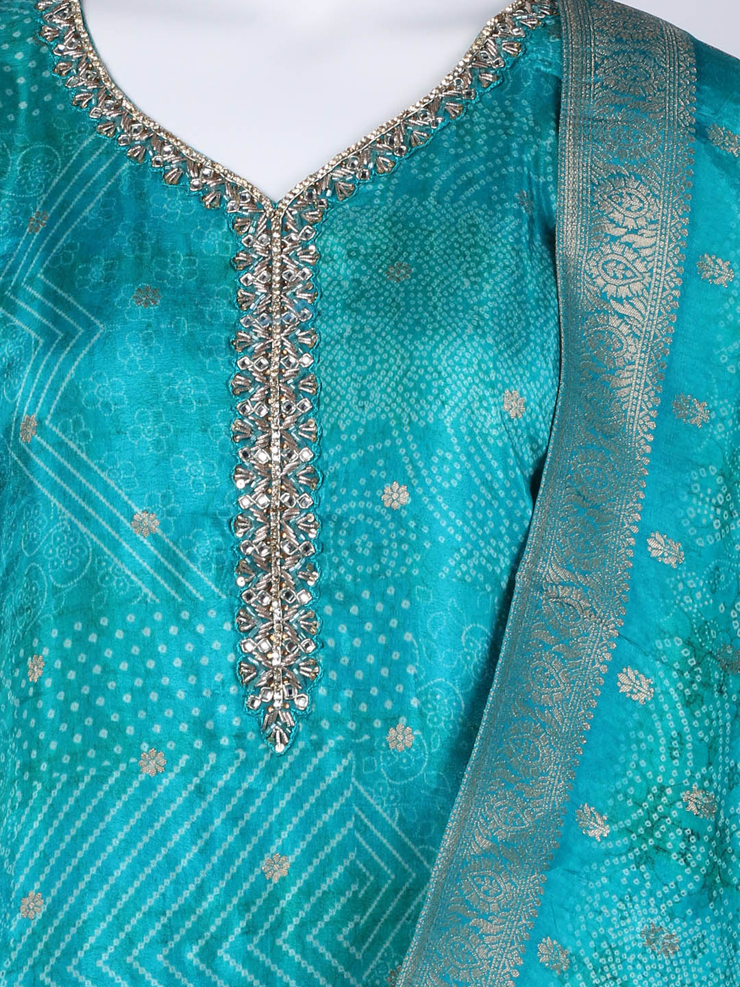 Bandhani Printed Art Silk Kurta With Pants &amp; Dupatta