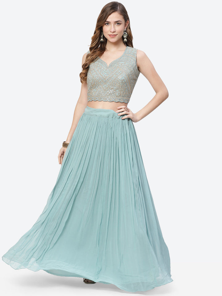Mirror Work Georgette Jacket With Lehenga Choli And Net Dupatta