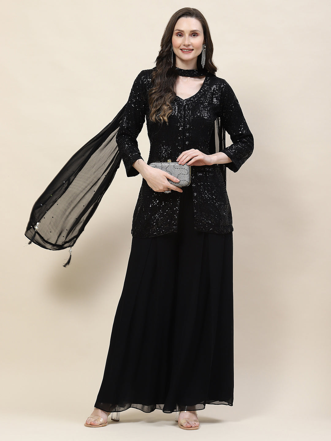 Sequin Embroidery Georgette Kurti With Palazzo &amp; Dupatta