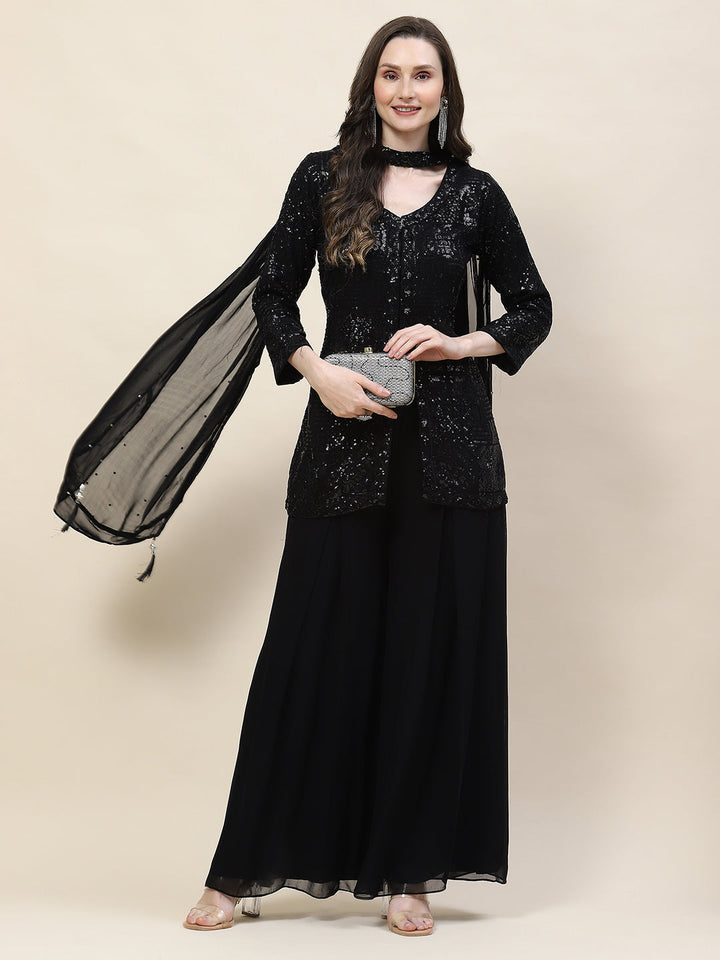 Sequin Embroidery Georgette Kurti With Palazzo &amp; Dupatta