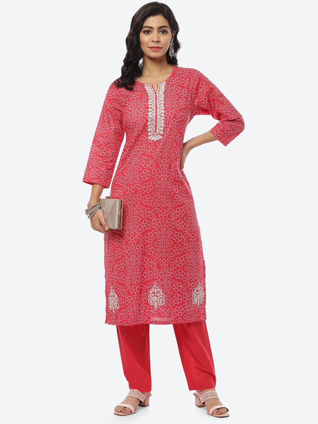 Printed Zari Neck Cotton Kurti With Pant