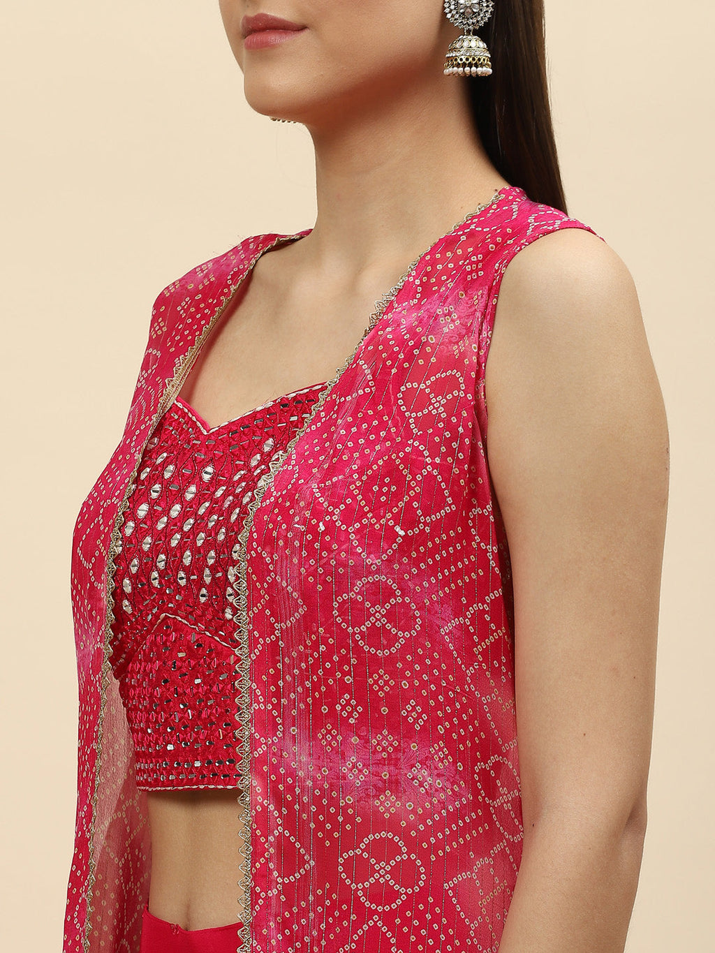Bandhani Printed Georgette Crop Top With Palazzo & Jacket