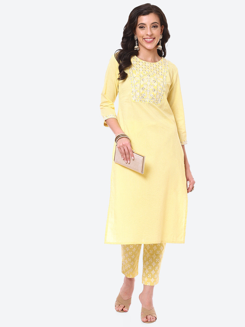 Zari Embroidered Yoke Printed Cotton Kurta With Pant
