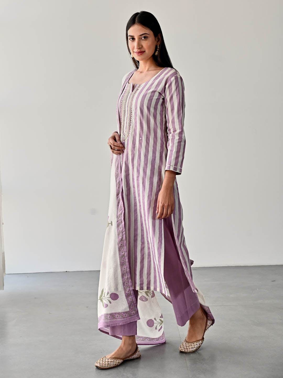 Printed Cotton Kurta With Pants &amp; Dupatta