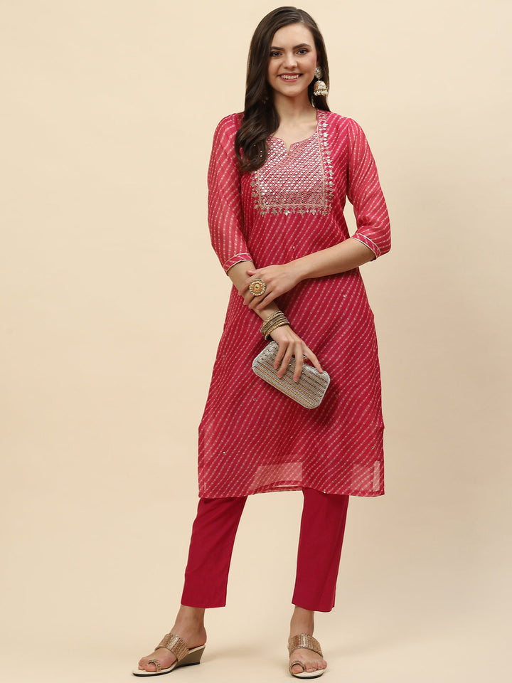 Mirror Embroidered &amp; Lehriya Chanderi Kurta With Pants