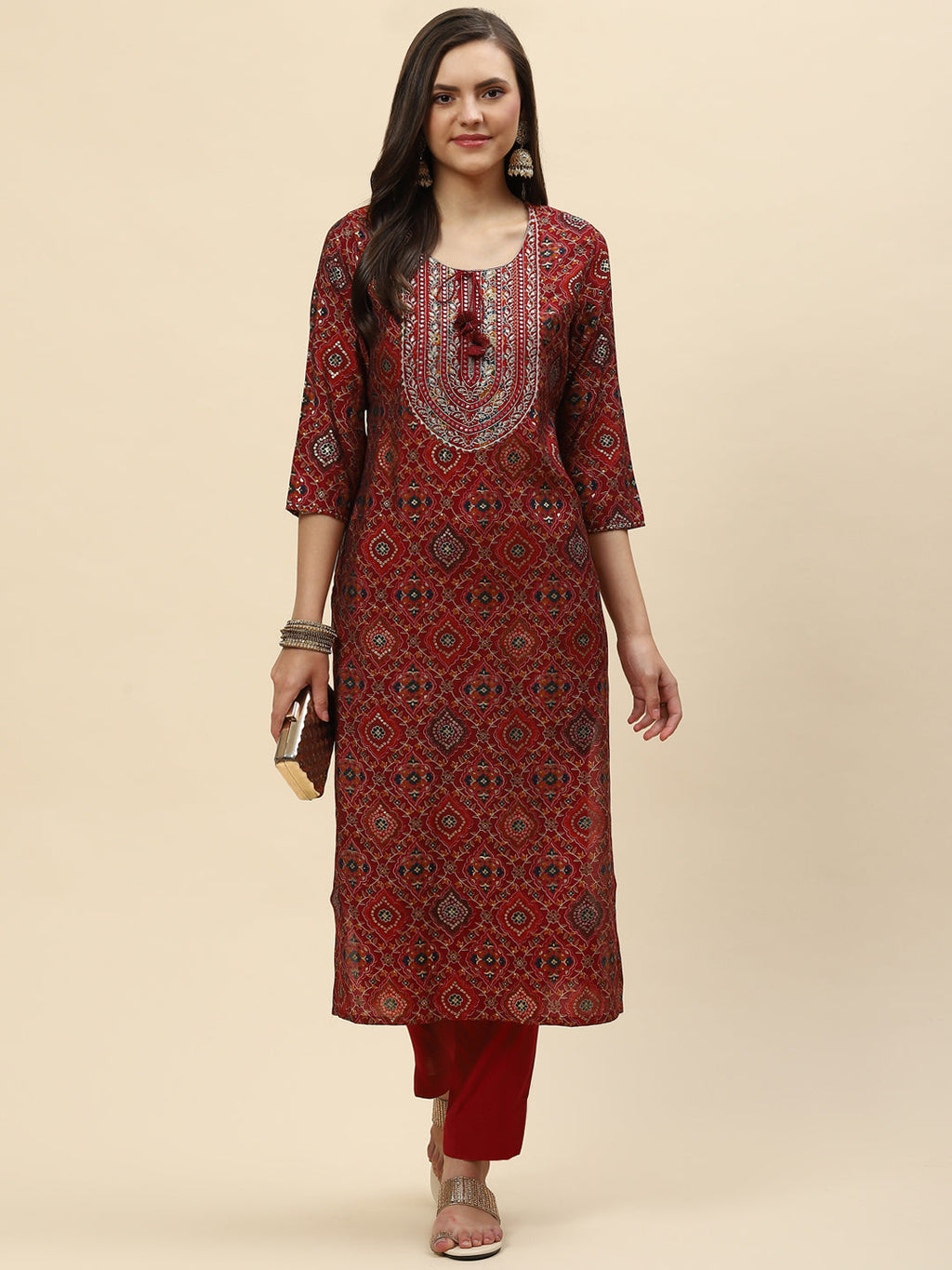 Zari Neck Embroidered & Printed Muslin Kurta With Pants
