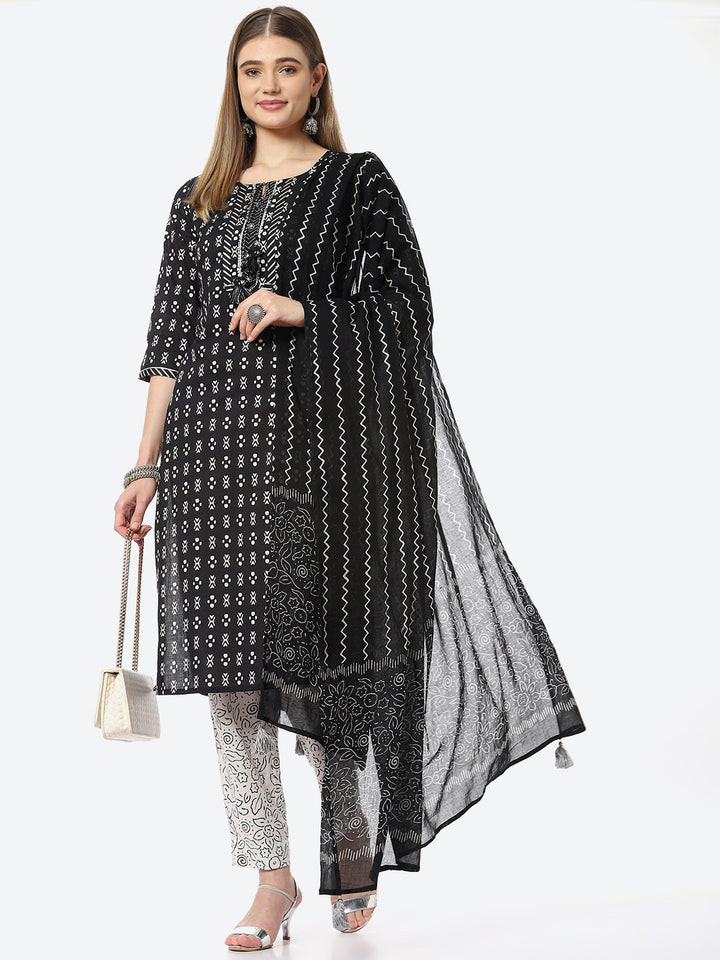Printed Cotton Kurta With Pant &amp; Cotton Dupatta