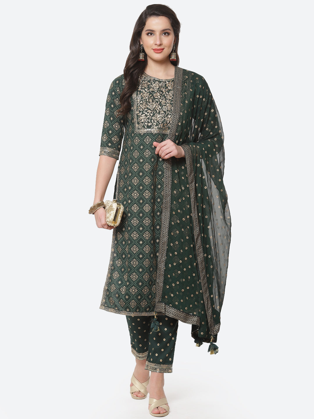Zari Work Cotton Muslin Kurti Printed Pant And Dupatta
