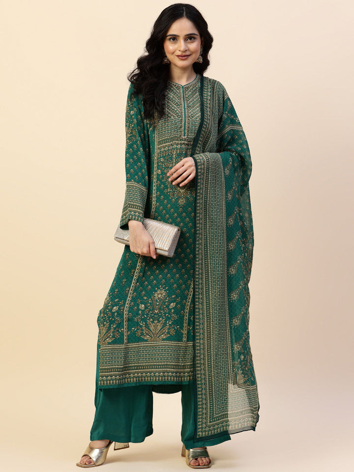 Digital Printed Crepe Kurta With Palazzo &amp; Dupatta
