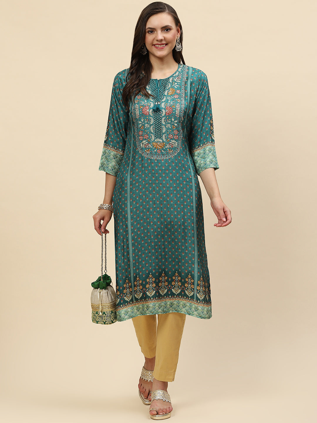 Neck Embroidered & Printed Handloom Kurta