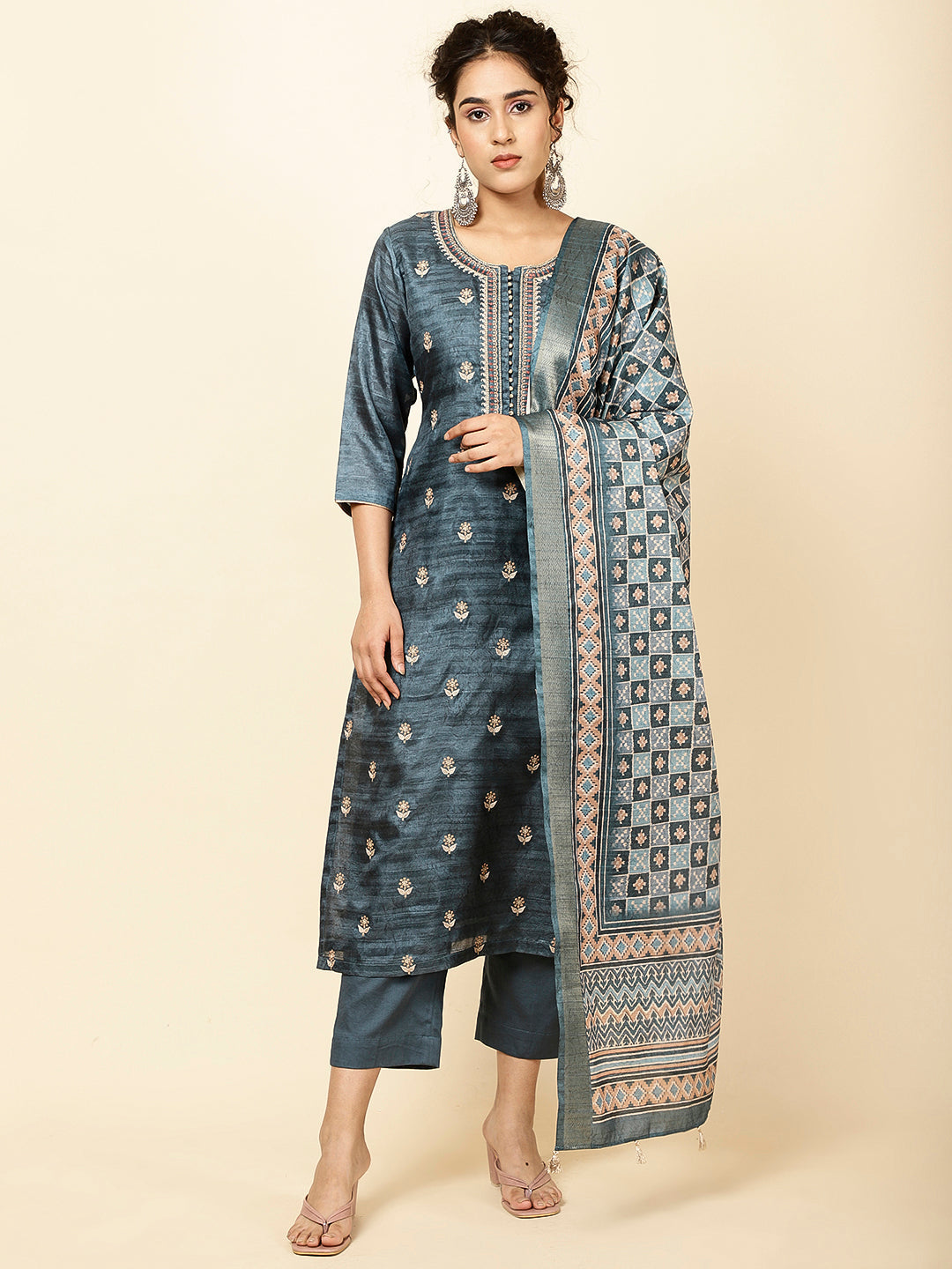 Embroidered Tussar Kurta With Pants &amp; Dupatta