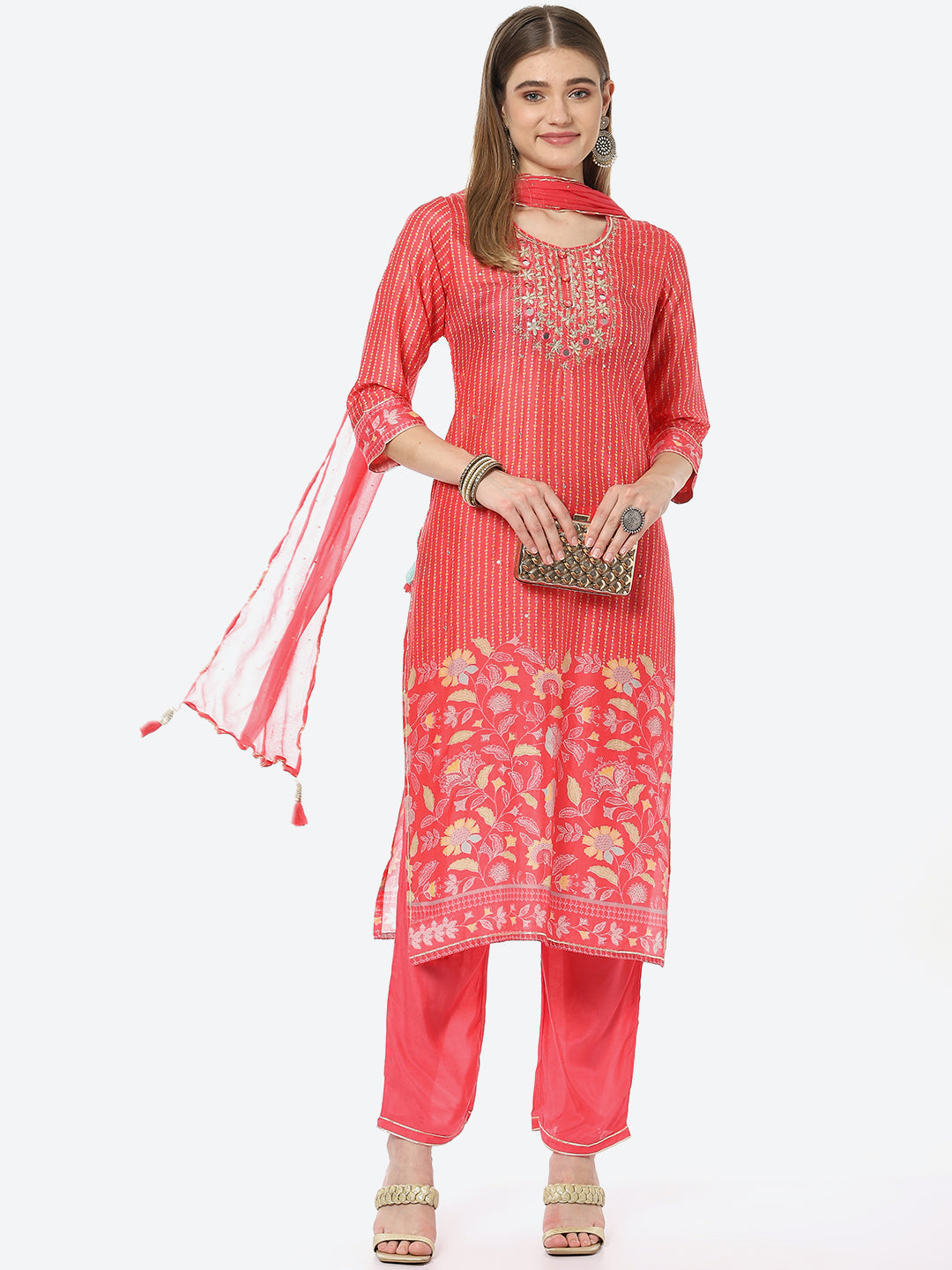 Mirror Work & Printed Muslin Kurta With Pant & Chiffon Dupatta