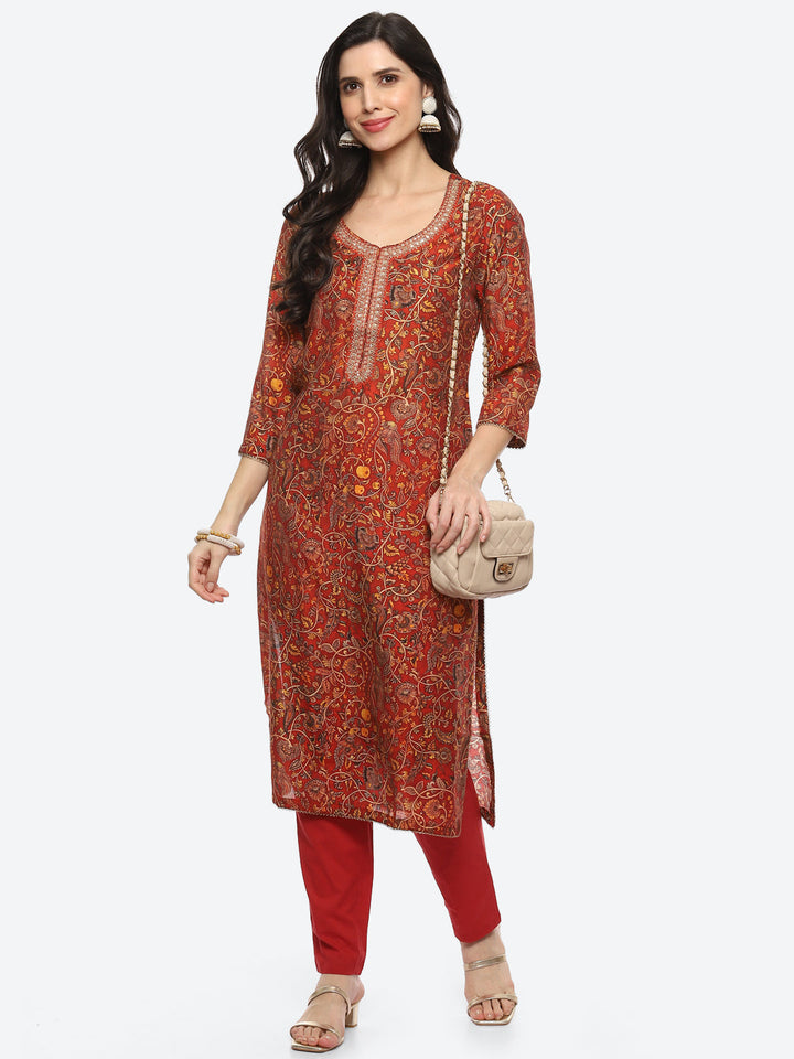 Sequin Yoke Printed Muslin Kurta With Pant