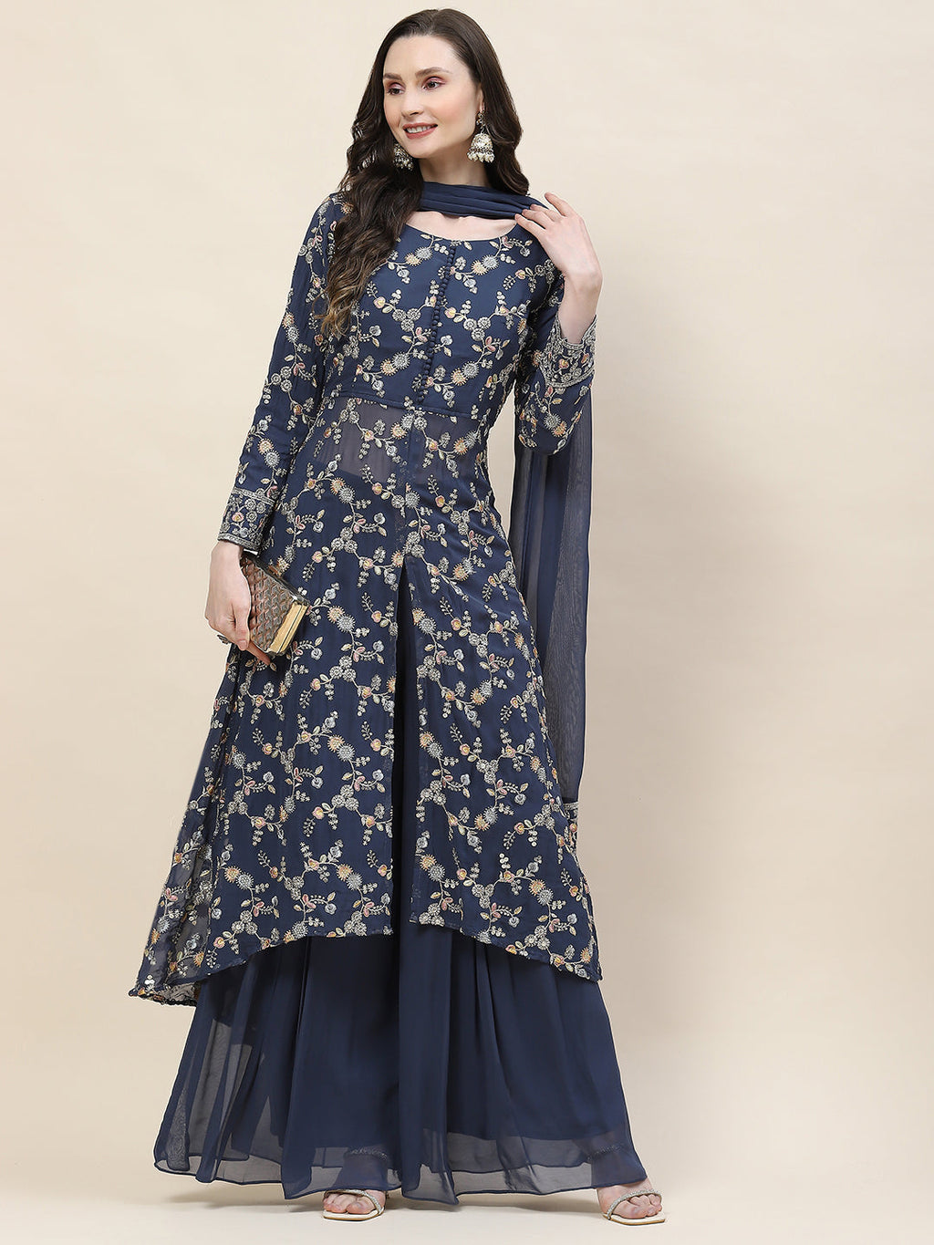 Resham Sequin Embroidery Georgette Kurta With Sharara & Dupatta