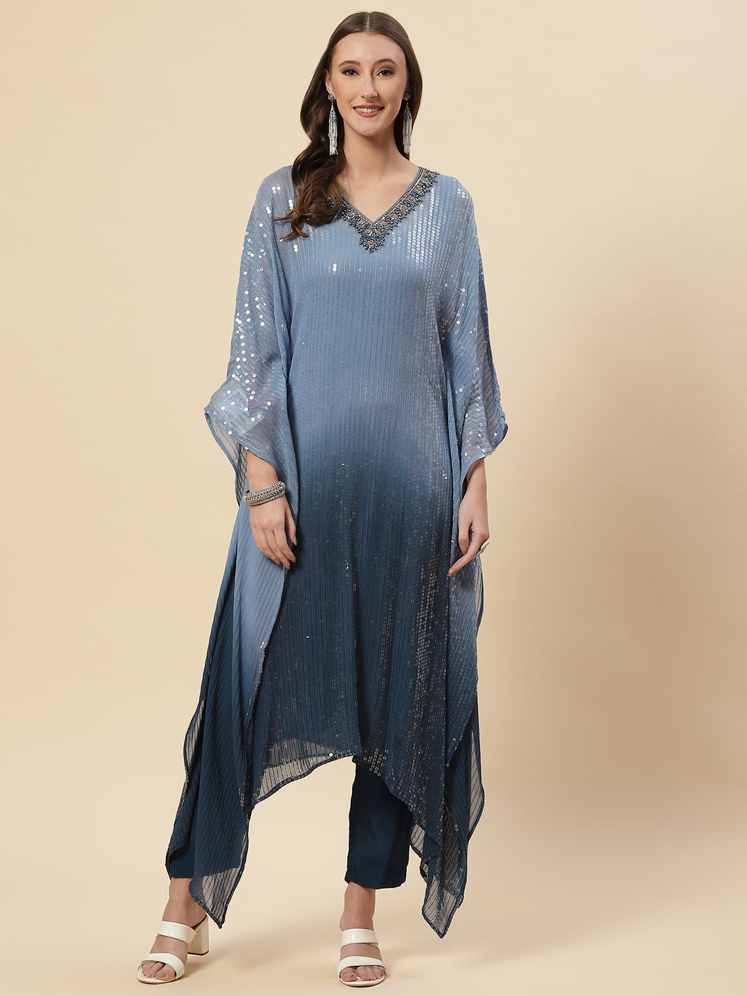 Sequin Embroidered Georgette Kaftan Kurta With Pants