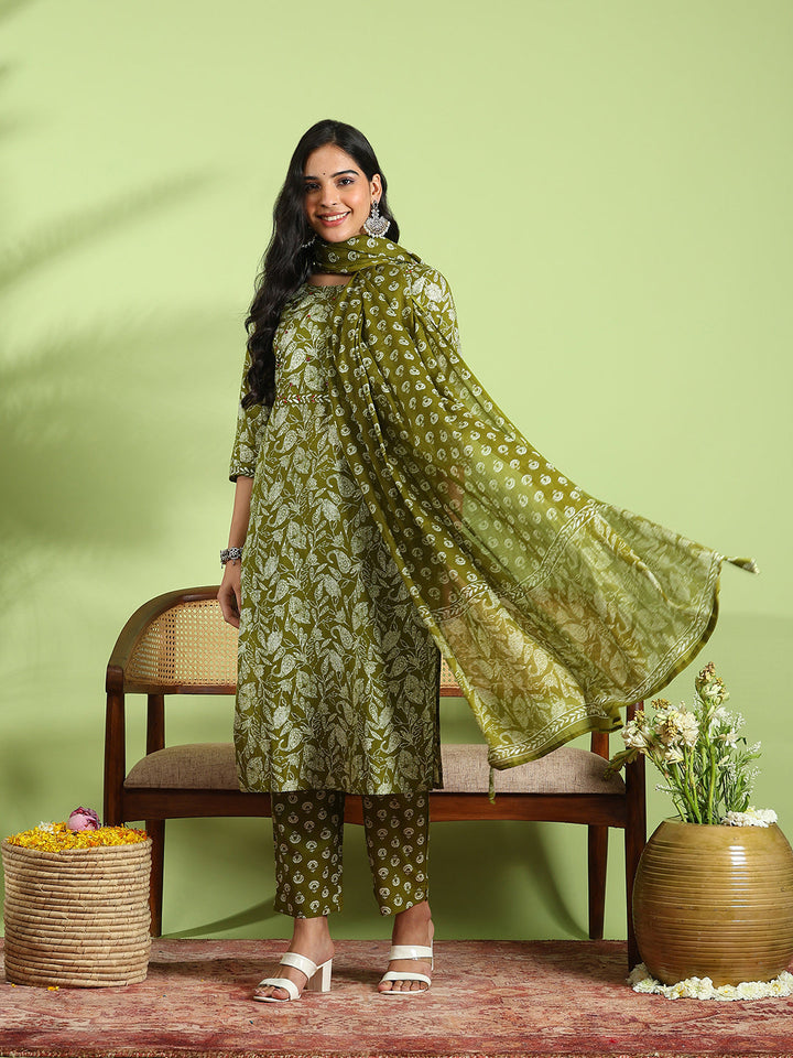 Printed Cotton Kurta With Pant &amp; Dupatta