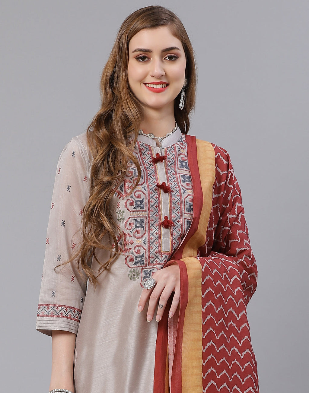 Embroidered Cotton Kurta With Pant & Chanderi Dupatta