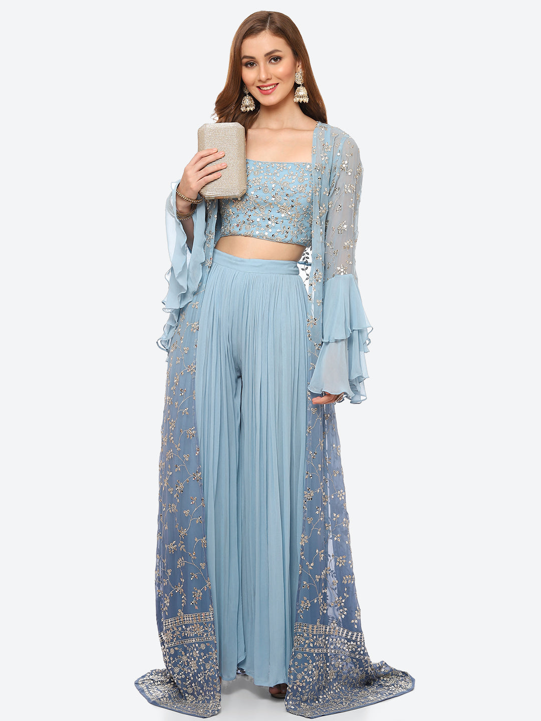 Zari Embroidered Booti Georgette Crop Top With Sharara &amp; Jacket