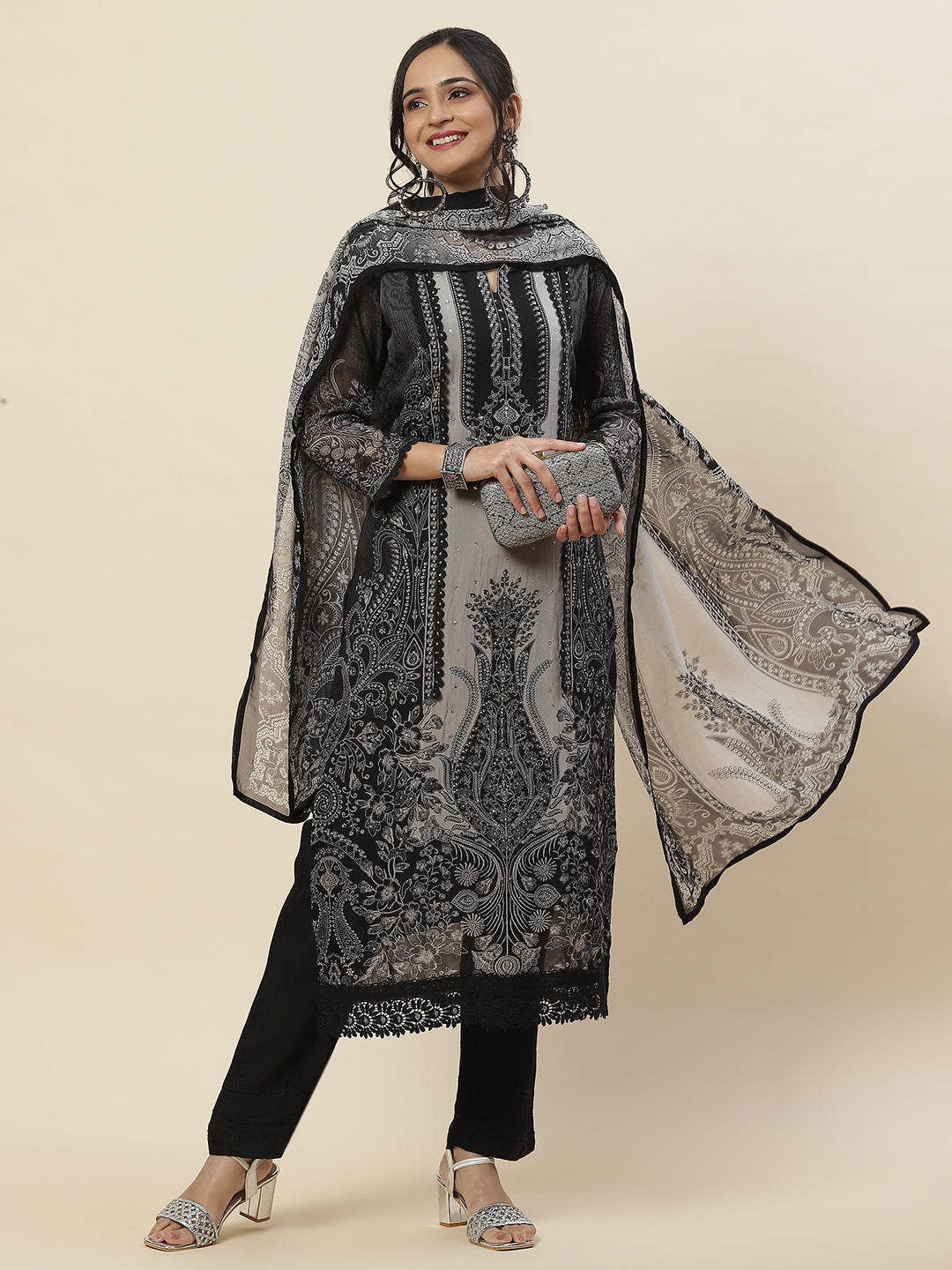 Printed Georgette Kurta With Pants &amp; Dupatta