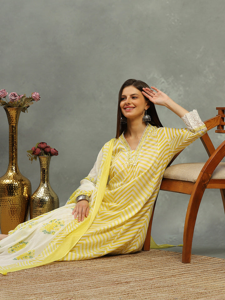 Printed Cotton Blend Kurta With Pants &amp; Dupatta
