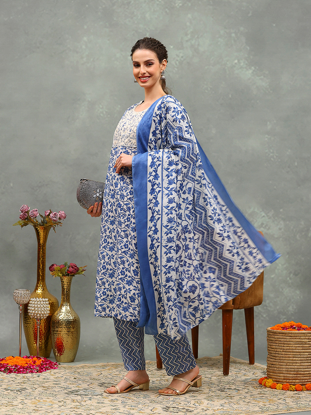 Printed Cotton Blend Kurta With Pants &amp; Dupatta