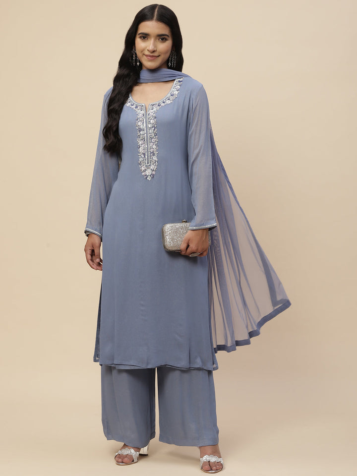 Stone Work Georgette Kurta With Pants &amp; Dupatta