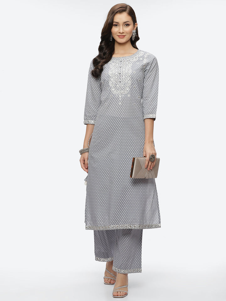 Mirror Neck Embroidered Cotton Kurta With Palazzo